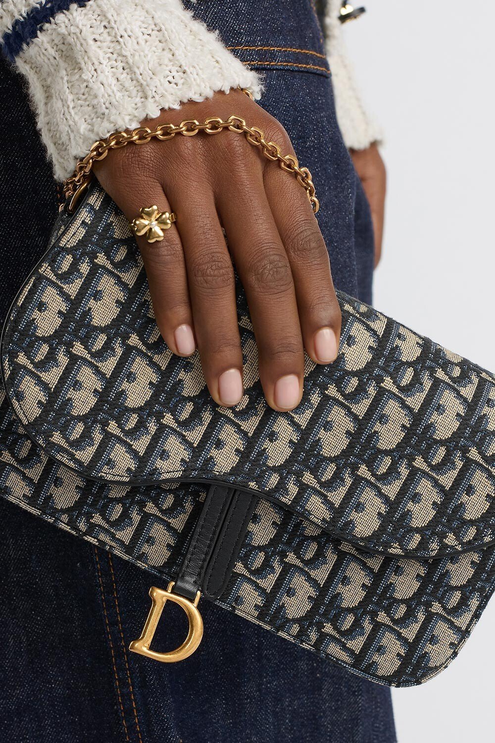 Medium Saddle Pouch with Chain Blue Dior Oblique Jacquard 