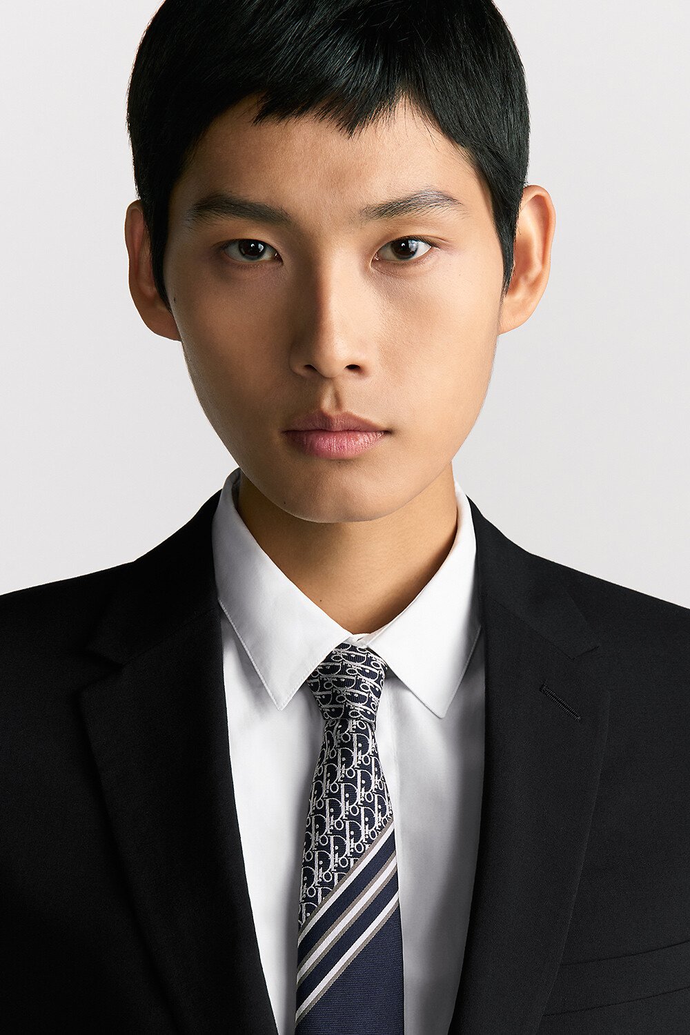 Dior 印花领带 海军蓝色、白色和灰色桑蚕丝条纹和 Oblique 印花 