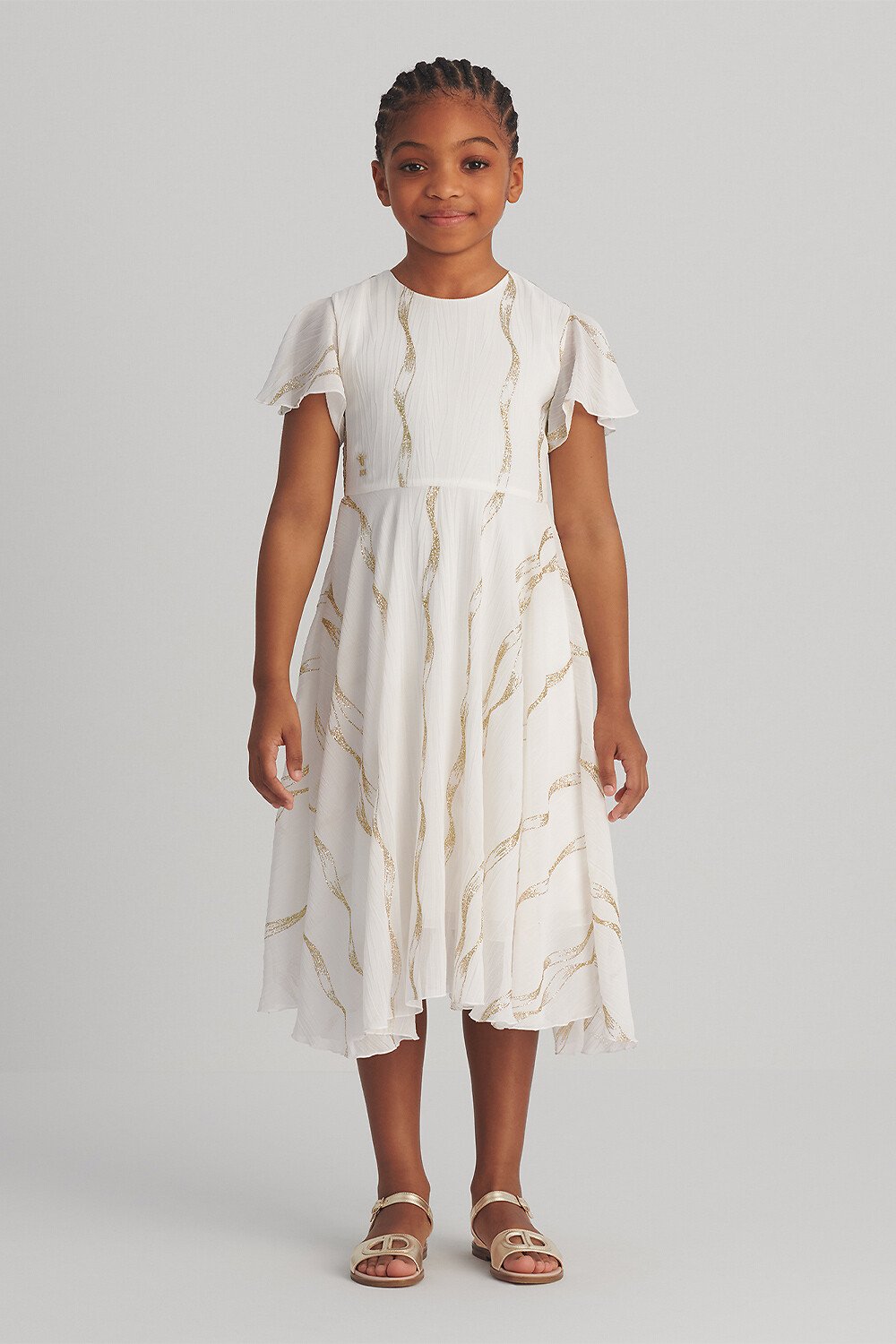 Ausgestelltes Kleid für Kinder Chiffon in Elfenbeinfarbe mit glitzerndem Motiv in Goldfarbe 