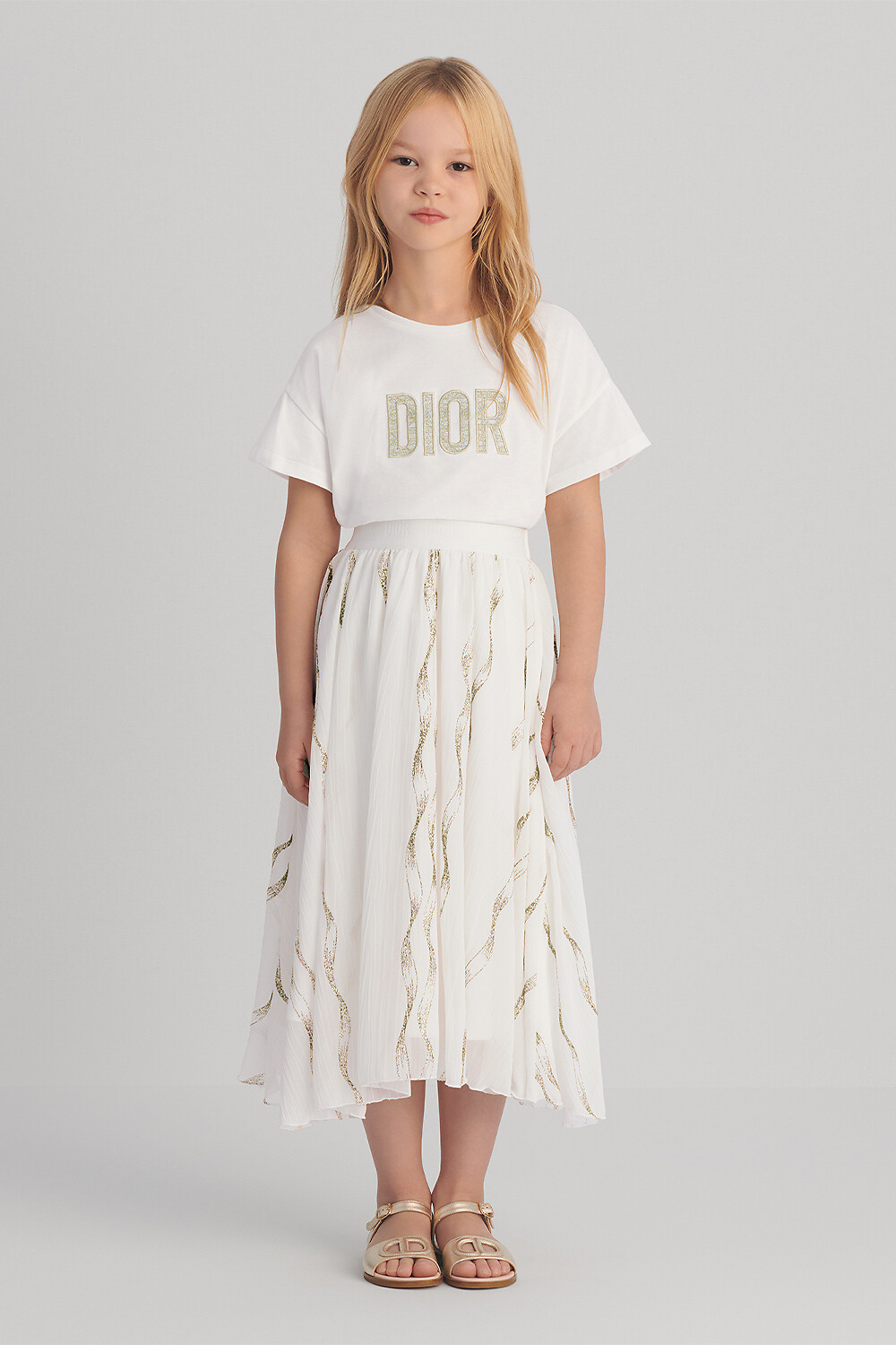 Kids' Long Skirt Ivory Chiffon with Gold-Tone Sparkly Motif 