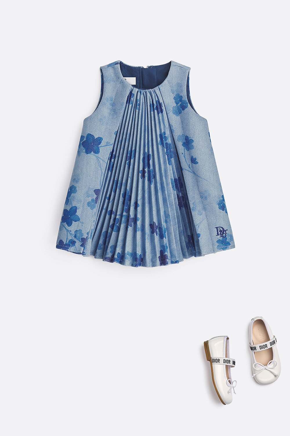 Baby Flared Dress Blue Pleated Cotton Blend with Seasonal Floral Motif 