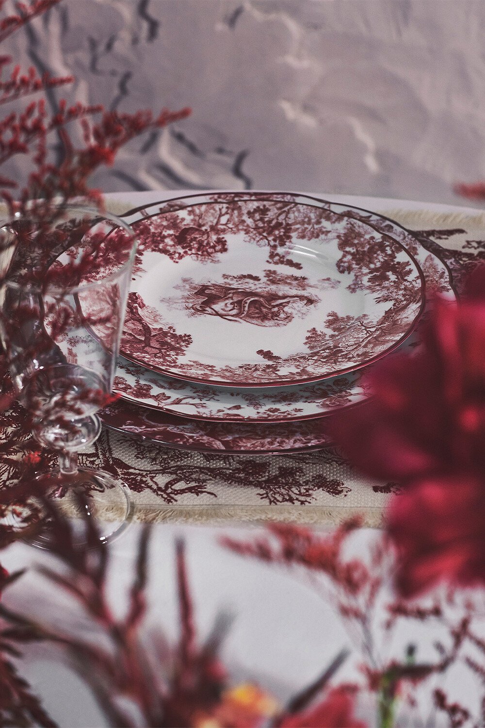 Dessert Plate Burgundy Toile de Jouy Lion 