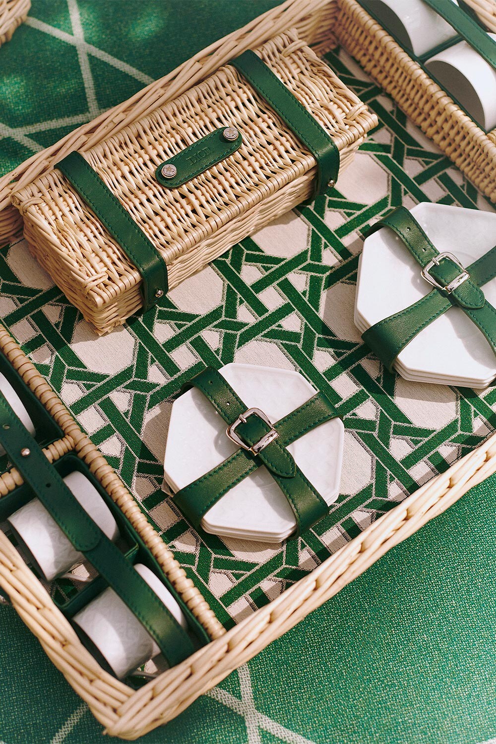 Miss Dior Picnic Basket for Four People Beige Wicker, White Porcelain, Transparent Glass, Cutlery in Olive Wood and Silver-Finish Metal 