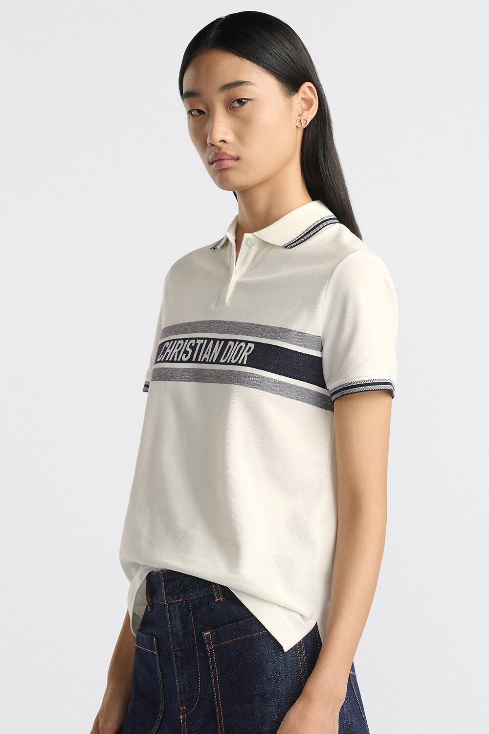 Polo 衫 白色和海军蓝色棉质平纹针织面料 