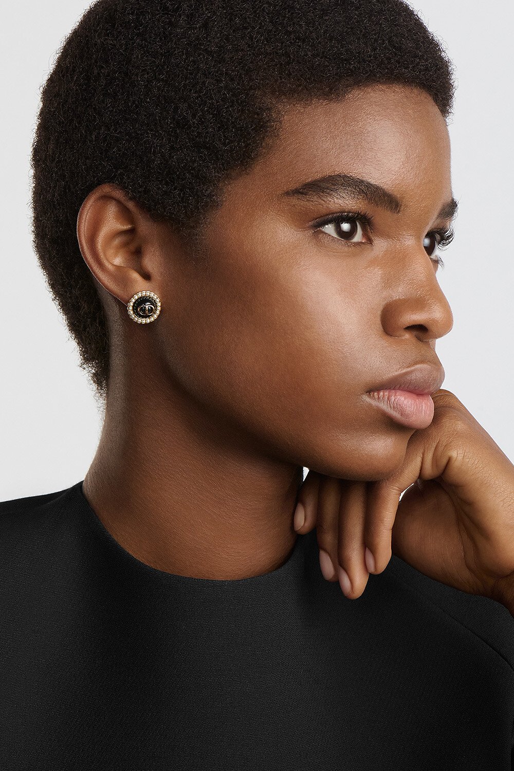 Petit CD Baroque Stud Earrings Gold-Finish Metal with White Resin Pearls and Black Glass 