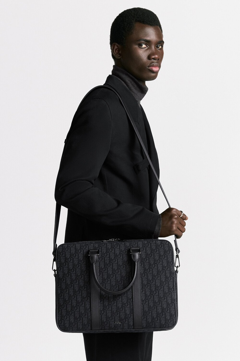 Zipped Briefcase Black Dior Oblique Jacquard and Black Grained Calfskin 
