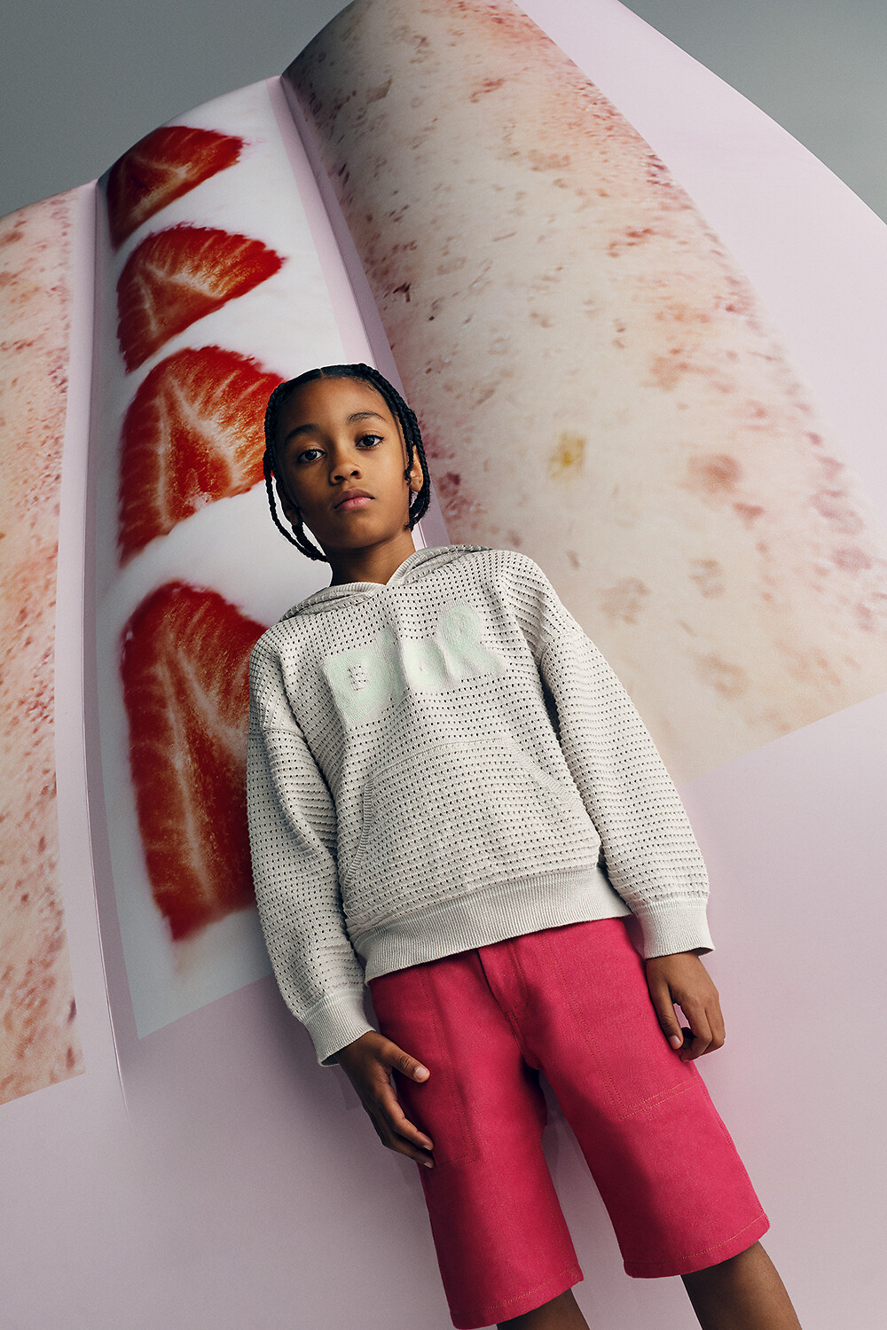 キッズ フード付き スウェットシャツ コットン & リネン オープンワークニット 