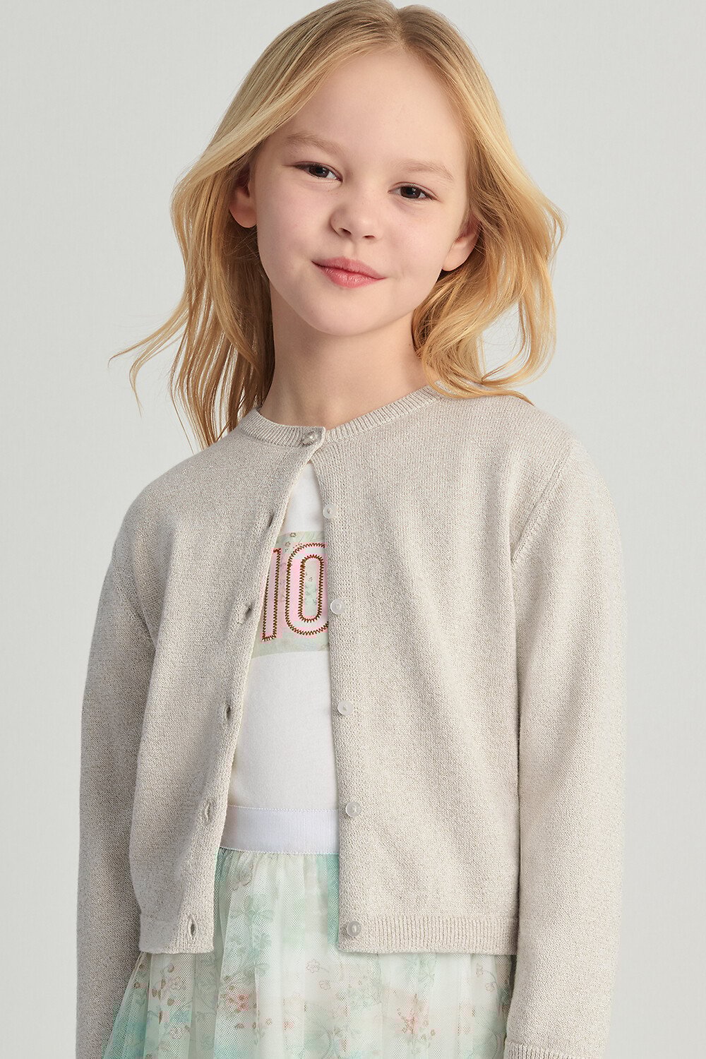 Kids' Cardigan Pale Gold-Tone Cotton Knit 
