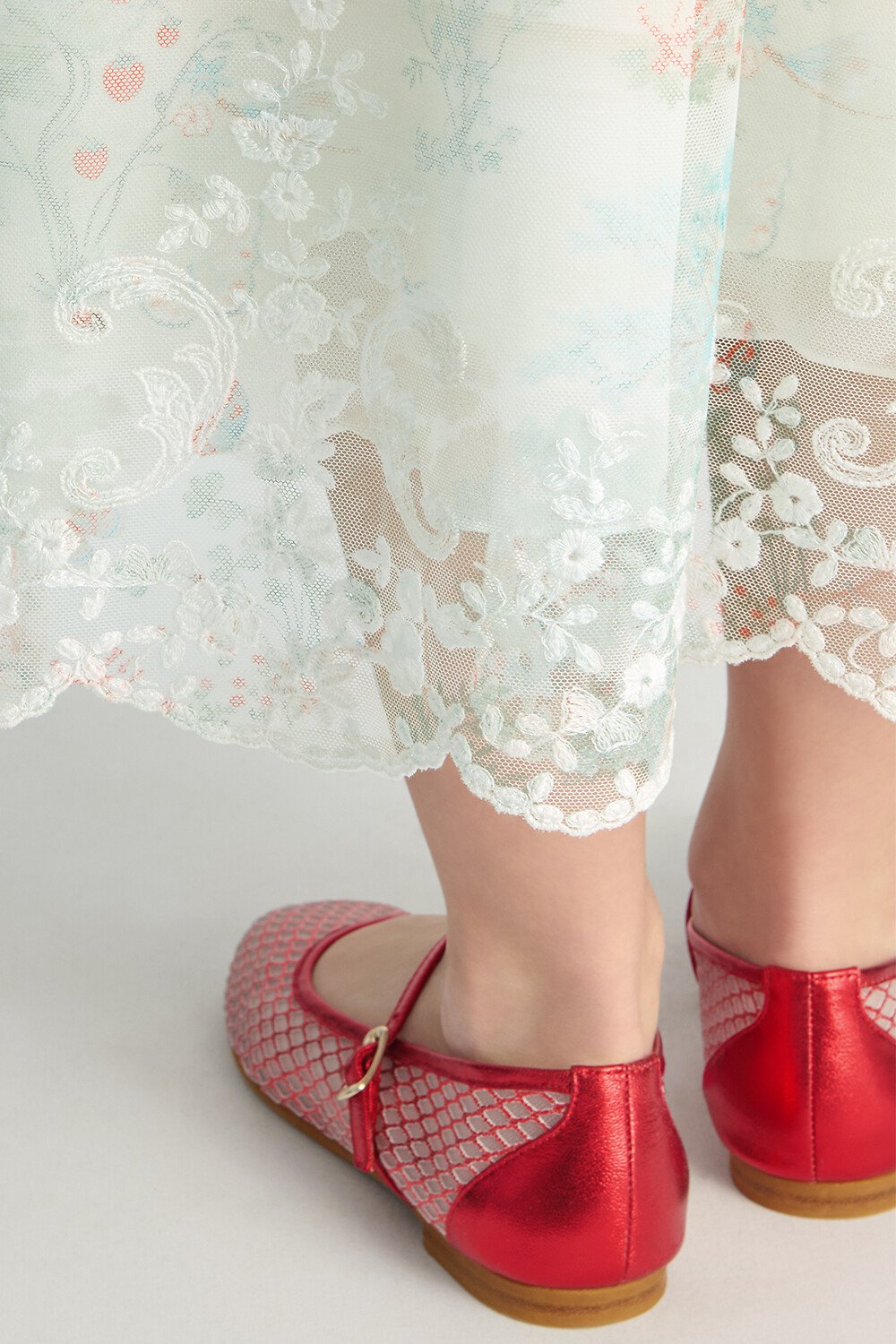 Kids' Ballet Flat Red Laminated Lambskin and Ivory Tulle 