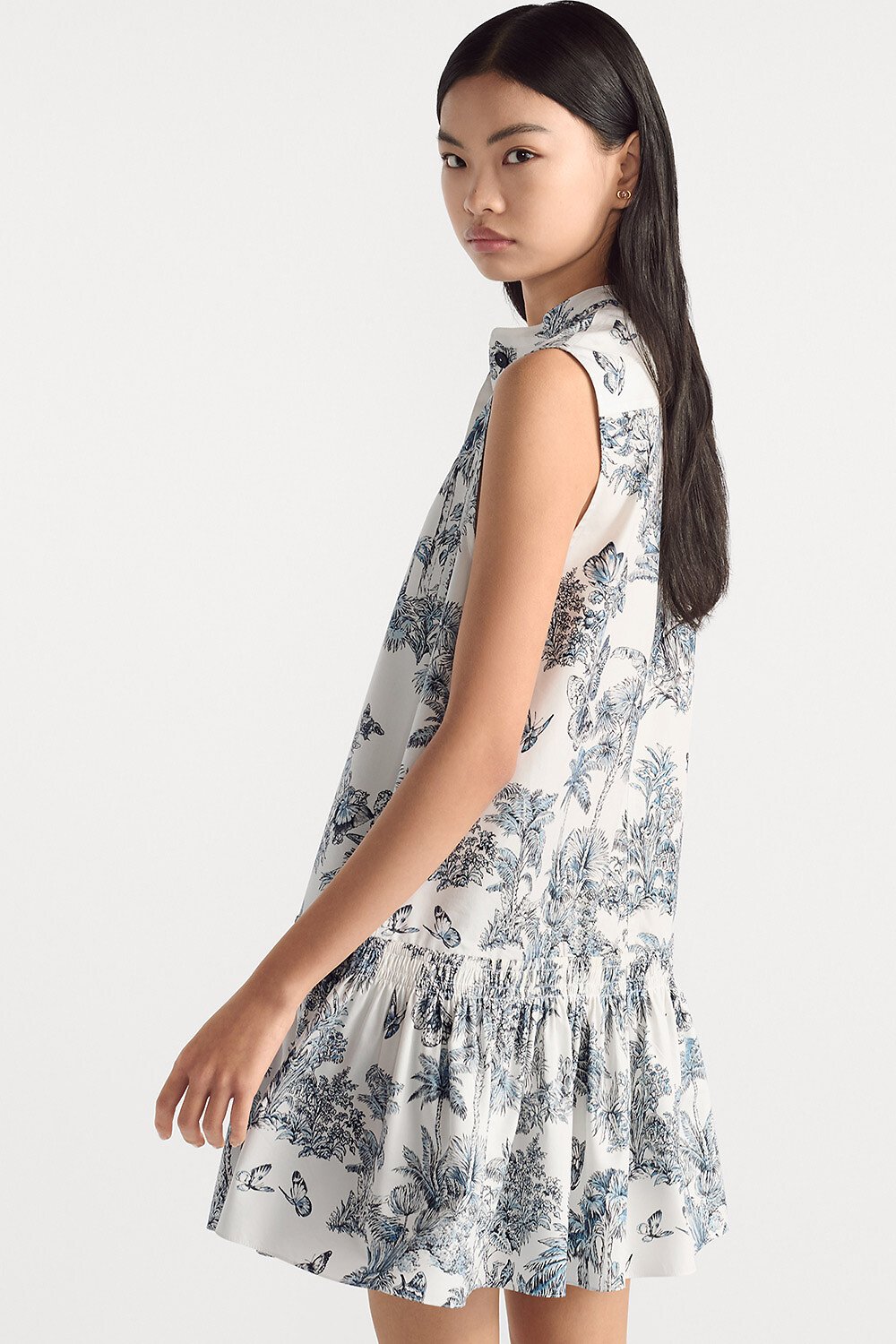 Dioriviera 直筒荷葉邊連身裙 白色和藍色 Toile de Jouy Palms 棉和絲綢府綢 