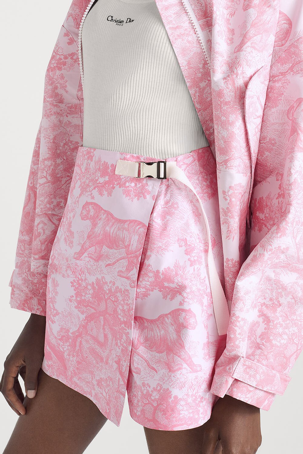Dioriviera Skort White Jacquard Technical Taffeta with Cherry Blossom Pink Toile de Jouy Sauvage Motif 