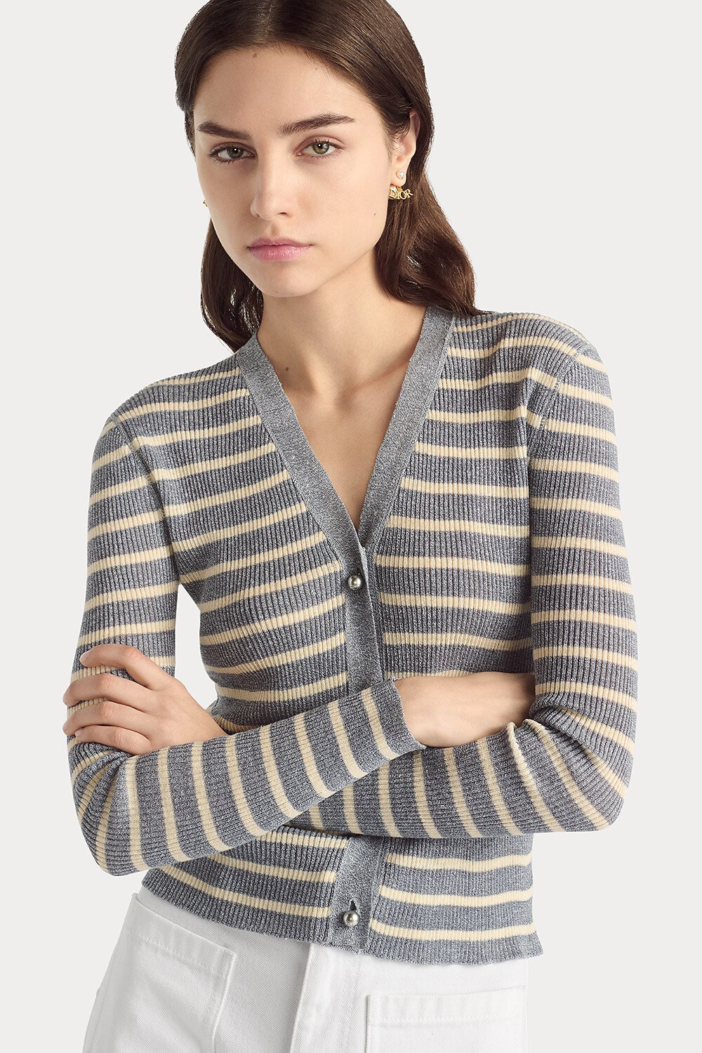 Dioriviera 가디건 데님 블루 & 화이트 D-Stripes 린넨 실크 스트레치 니트 