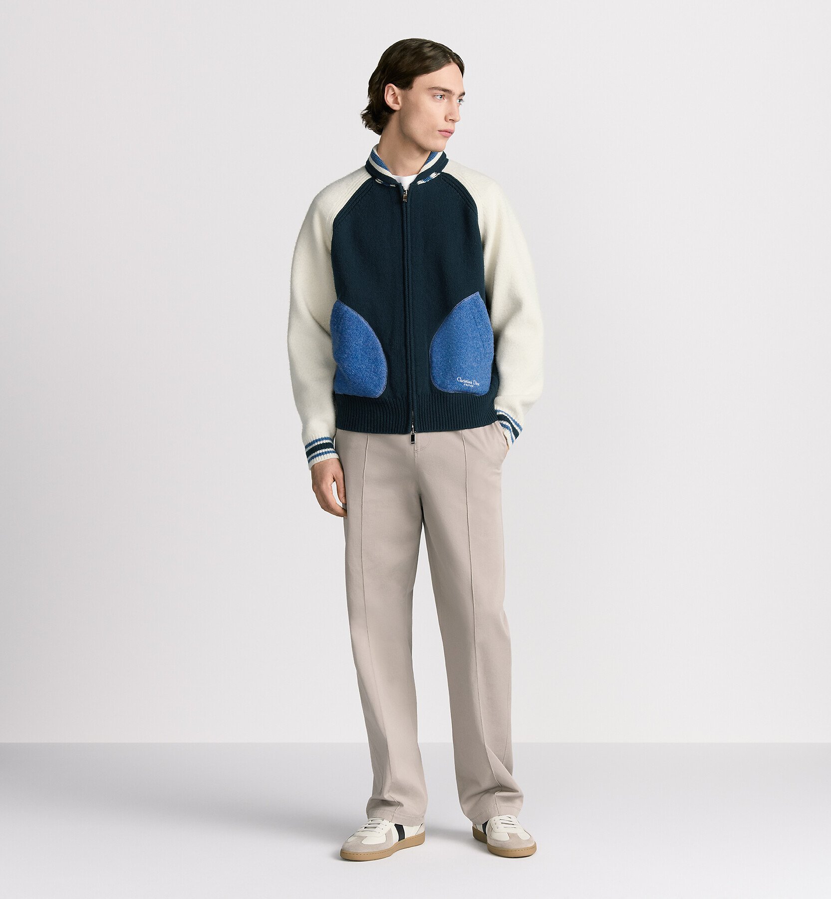 Christian Dior Couture Lily of the Valley Varsity Cardigan Blue and Beige Felted Wool Jersey