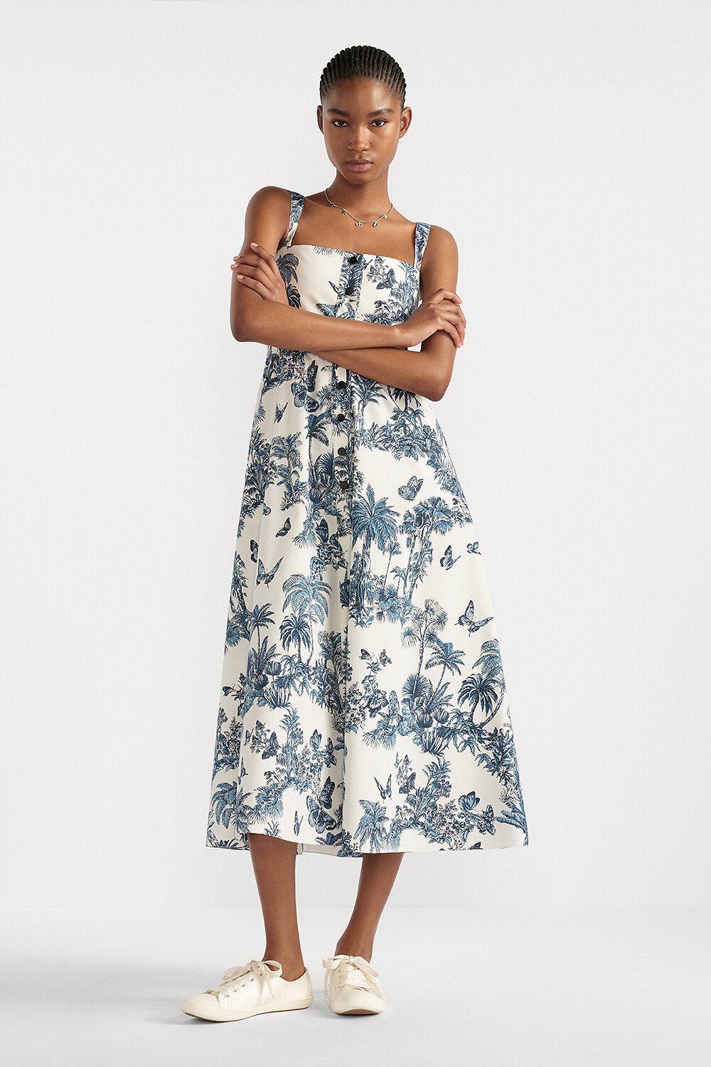 Dioriviera Mid-Length Flared Dress White and Blue Toile de Jouy Palms Cotton and Silk Poplin 