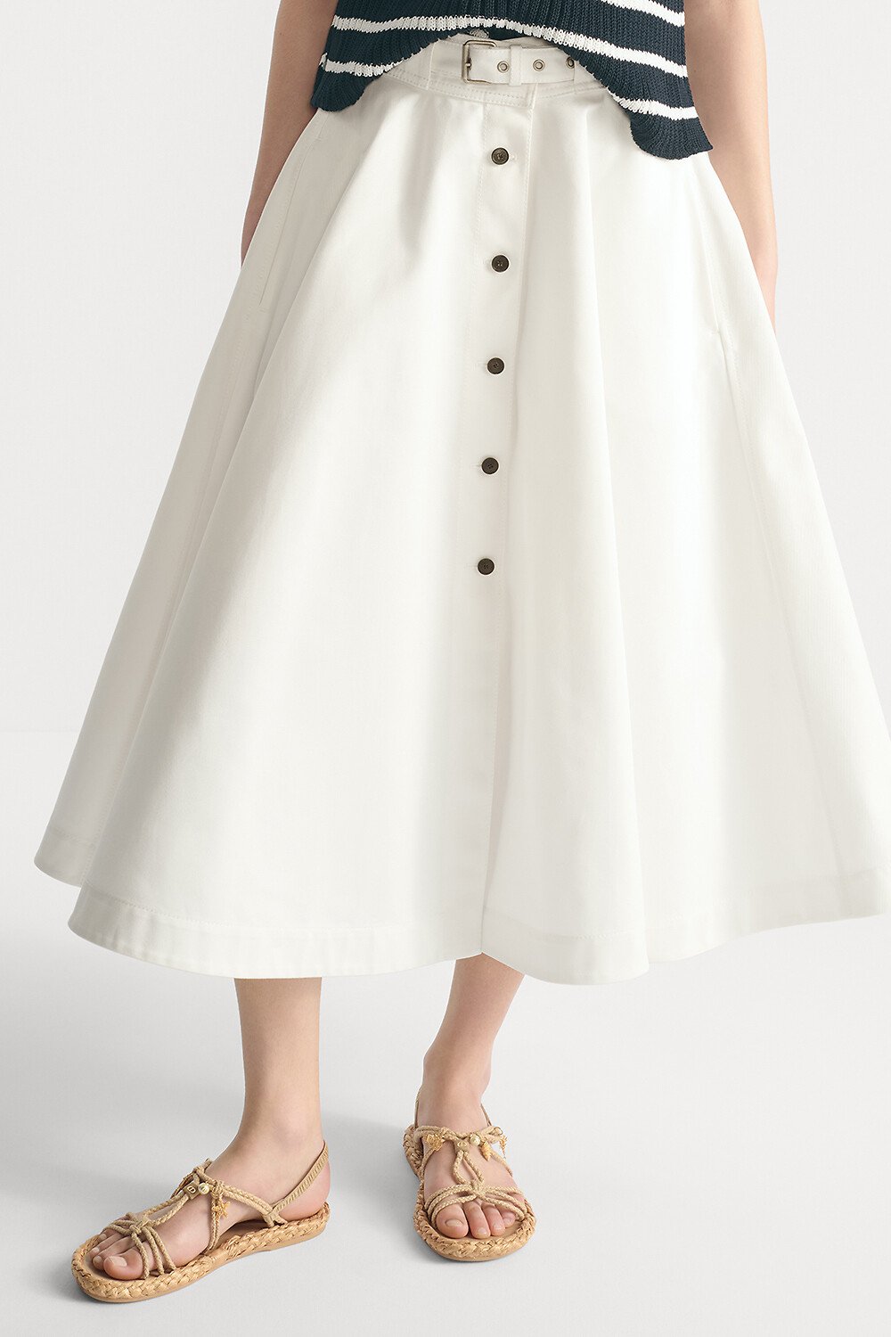 Mid-Length Belted Skirt Ecru Cotton Gabardine