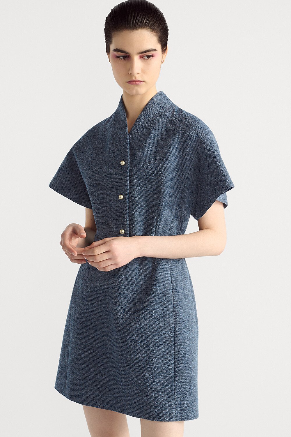 Short Flared Dress Blue Virgin Wool-Cotton-Blend Bouclé