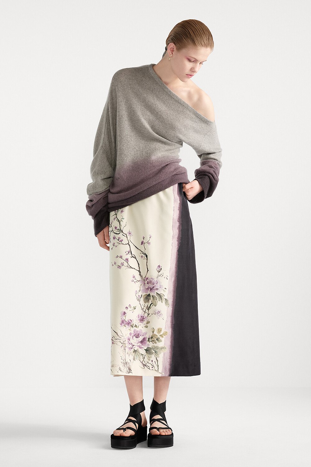 Mid-Length Straight Skirt White Silk Faille with Multicolor Dior Pivoine Motif 
