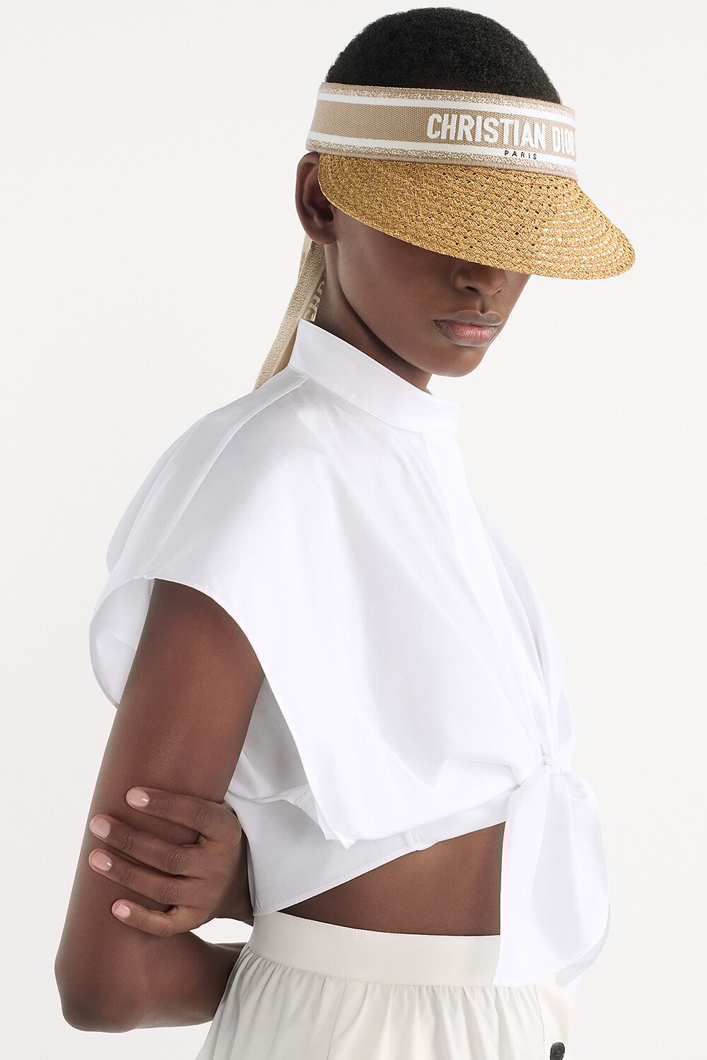Dioriviera D-Ocean Visor with Mitzah Straw with Beige and White Embroidered Band 