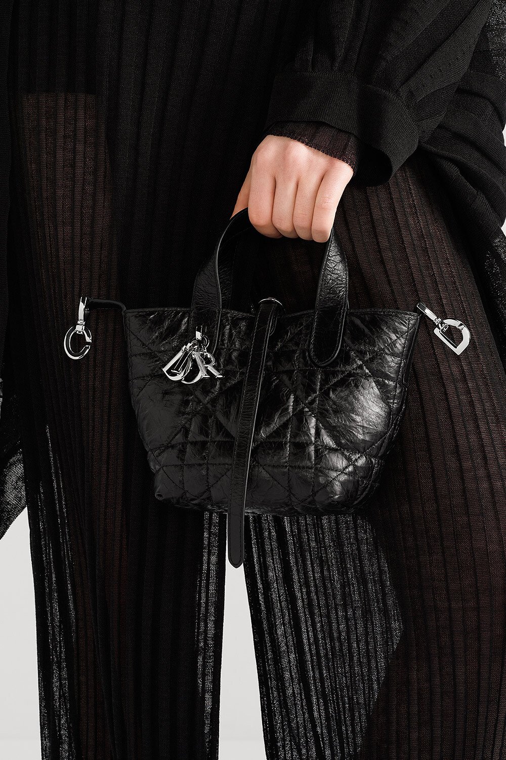 Dior Toujours Vertical Nano Tote Bag Black Macrocannage Crinkled Calfskin 