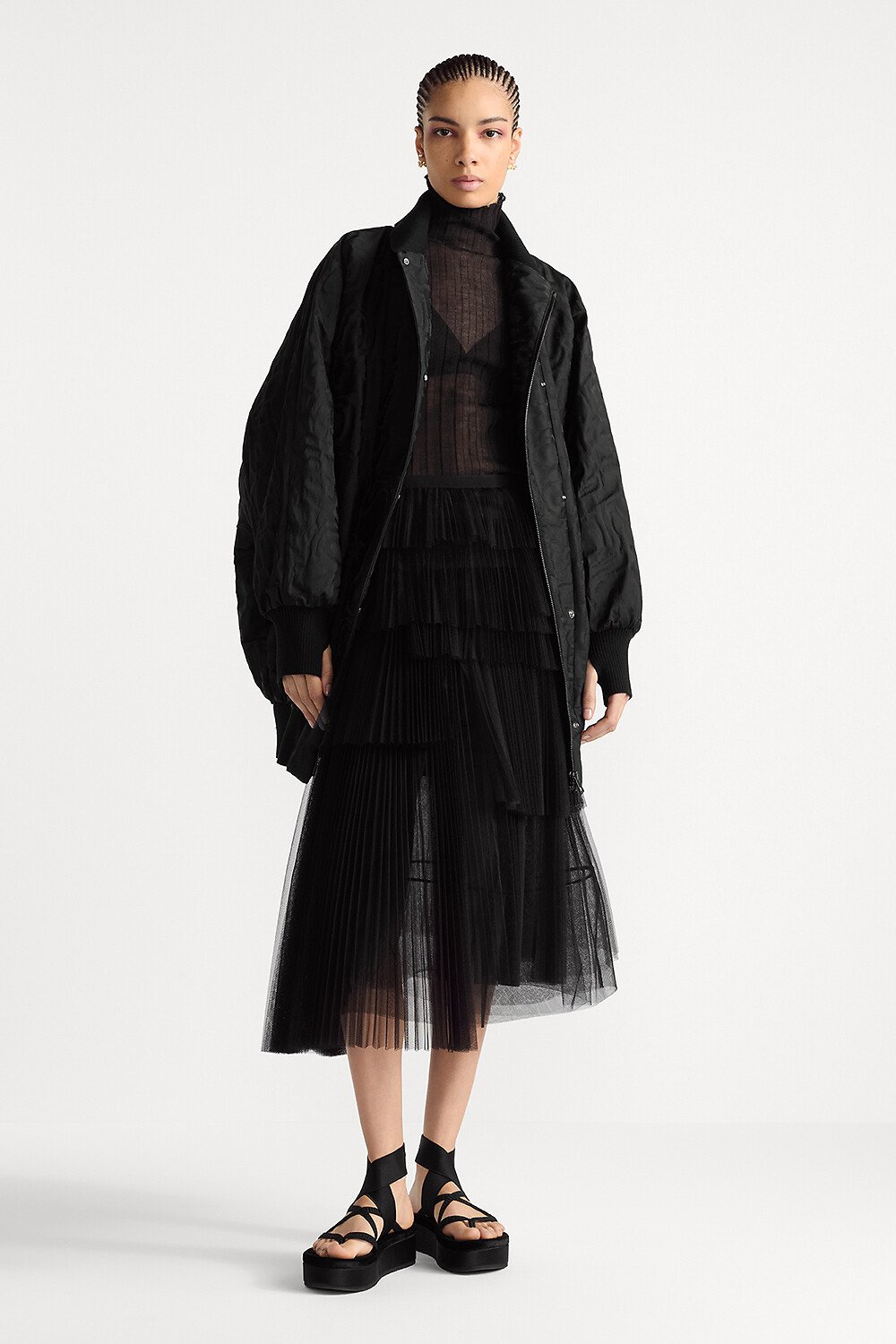 Mid-Length Asymmetric Pleated Skirt Black Tulle 