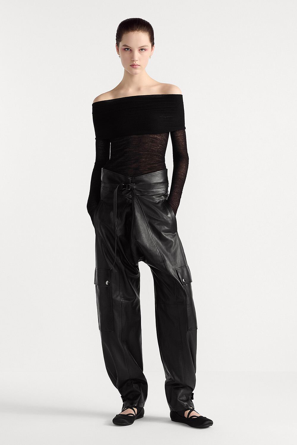 Pantaloni cargo con cintura Pelle di vitello nera 