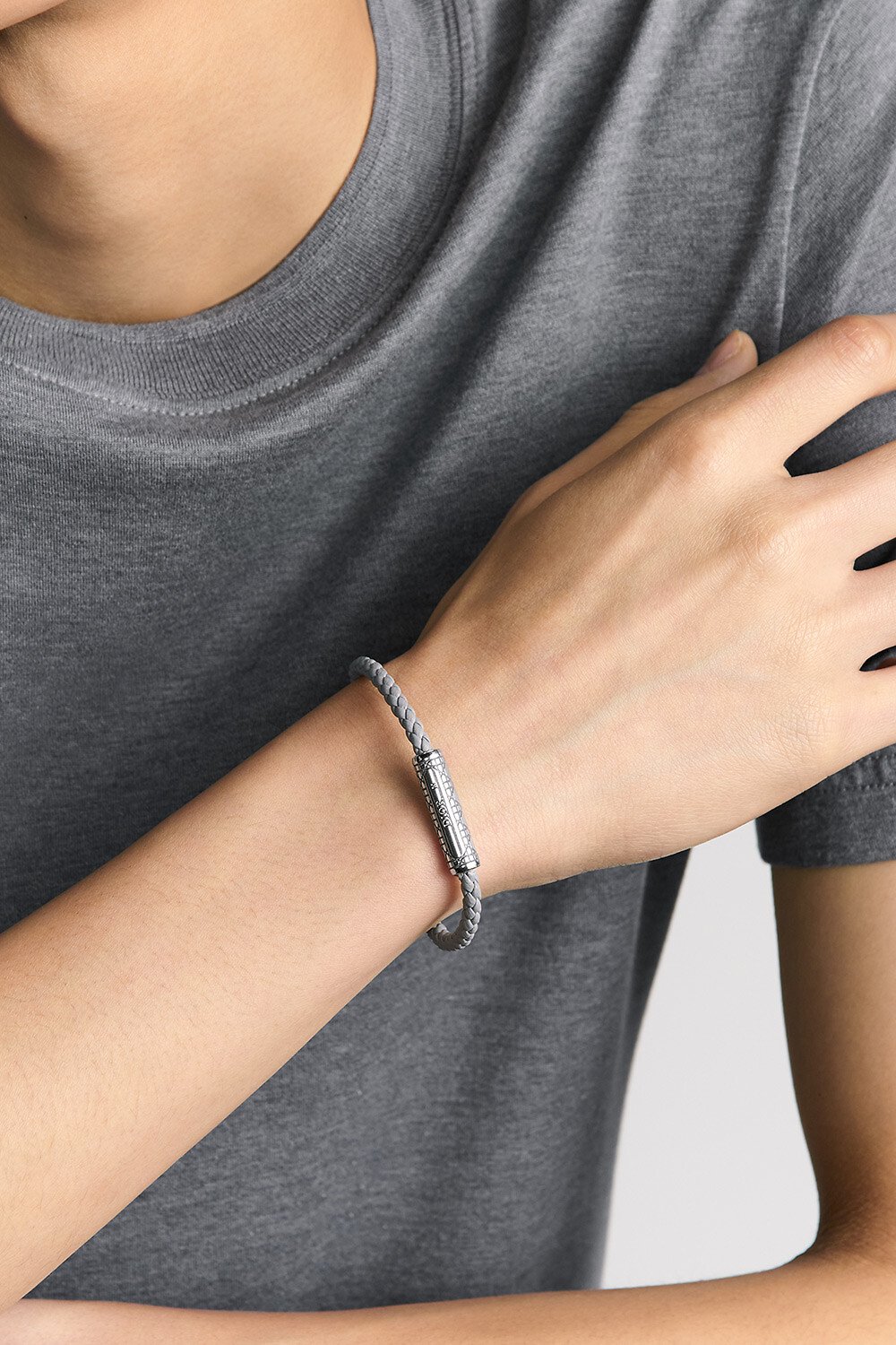 Cannage Braided Leather Bracelet Gray Lambskin, Silver-Finish Brass and Gray Lacquer 