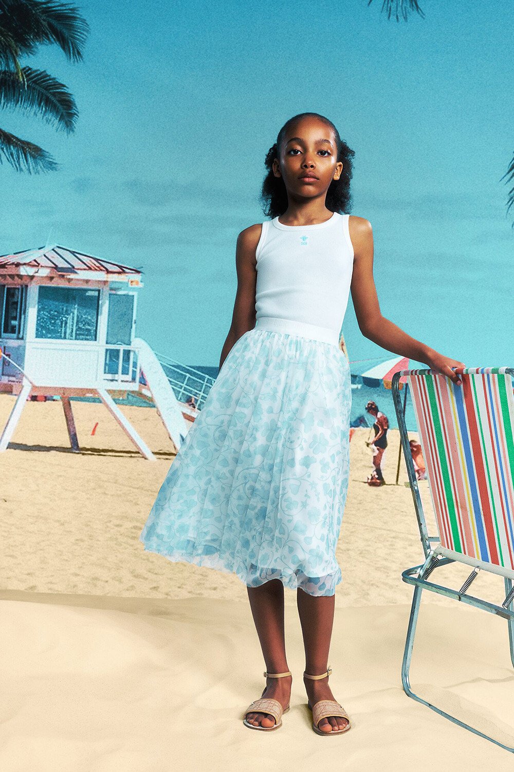 Gonna lunga per bambini Tulle color avorio con motivo a fiori turchese della stagione 