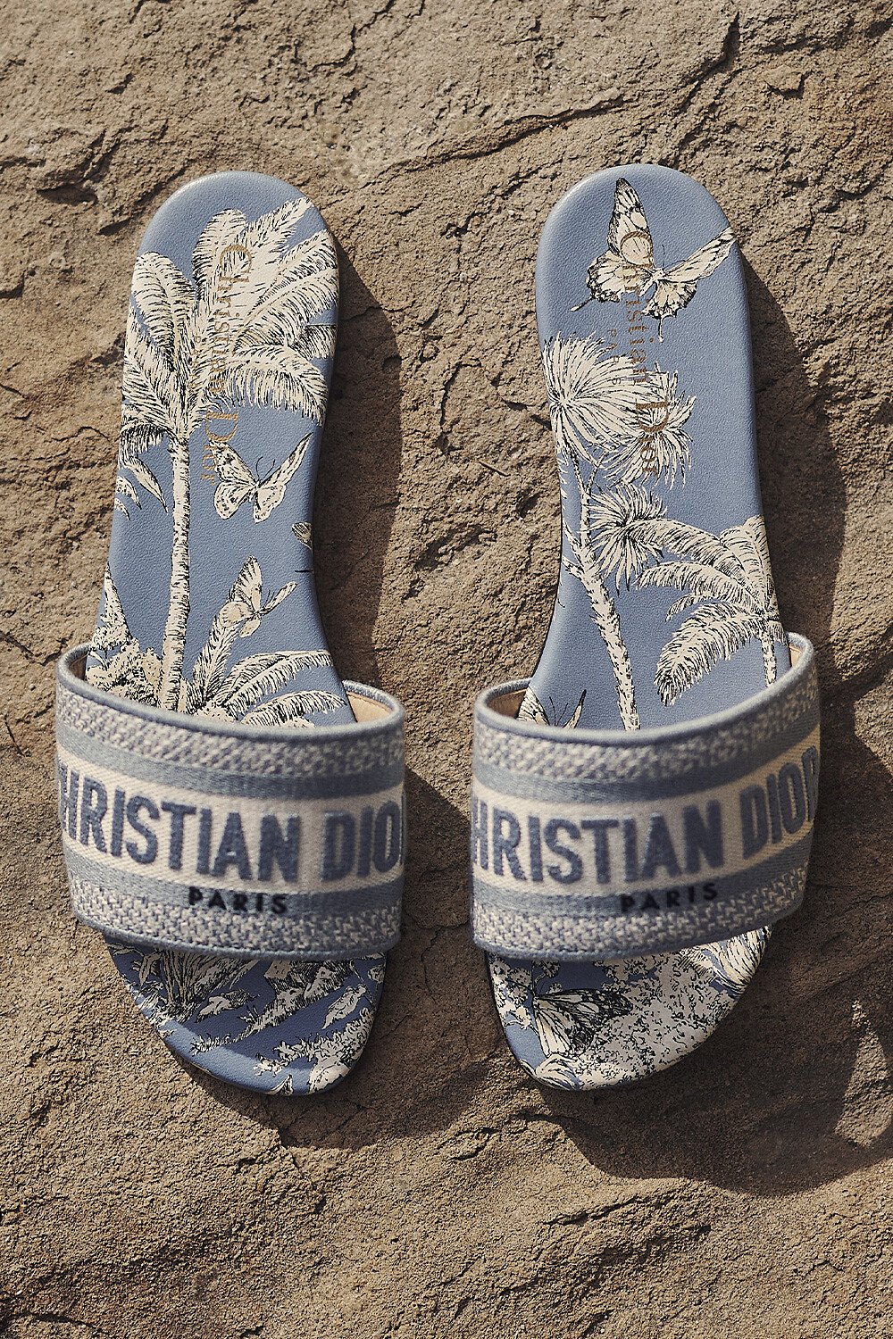 Dioriviera Dway Slide Embroidered Cotton and Celestial Blue and White Toile de Jouy Palms Motif 