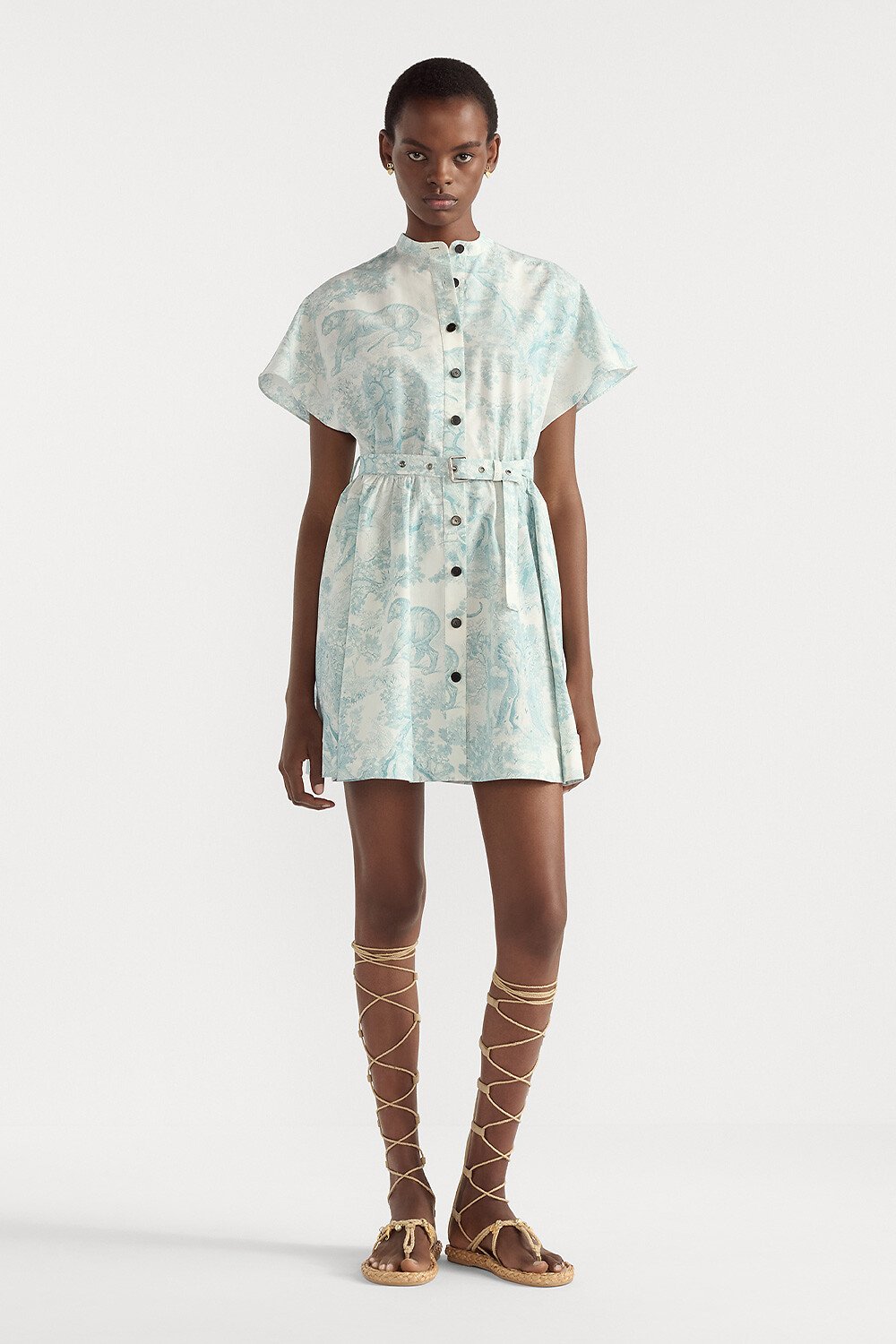 Dioriviera Short Shirtdress White Cotton and Silk Poplin with Lily of the Valley Green Toile de Jouy Sauvage Motif 