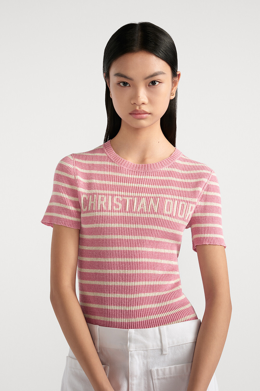 Dioriviera Short-Sleeved Sweater White and Cherry Blossom Pink D-Stripes Linen and Silk Stretch Knit