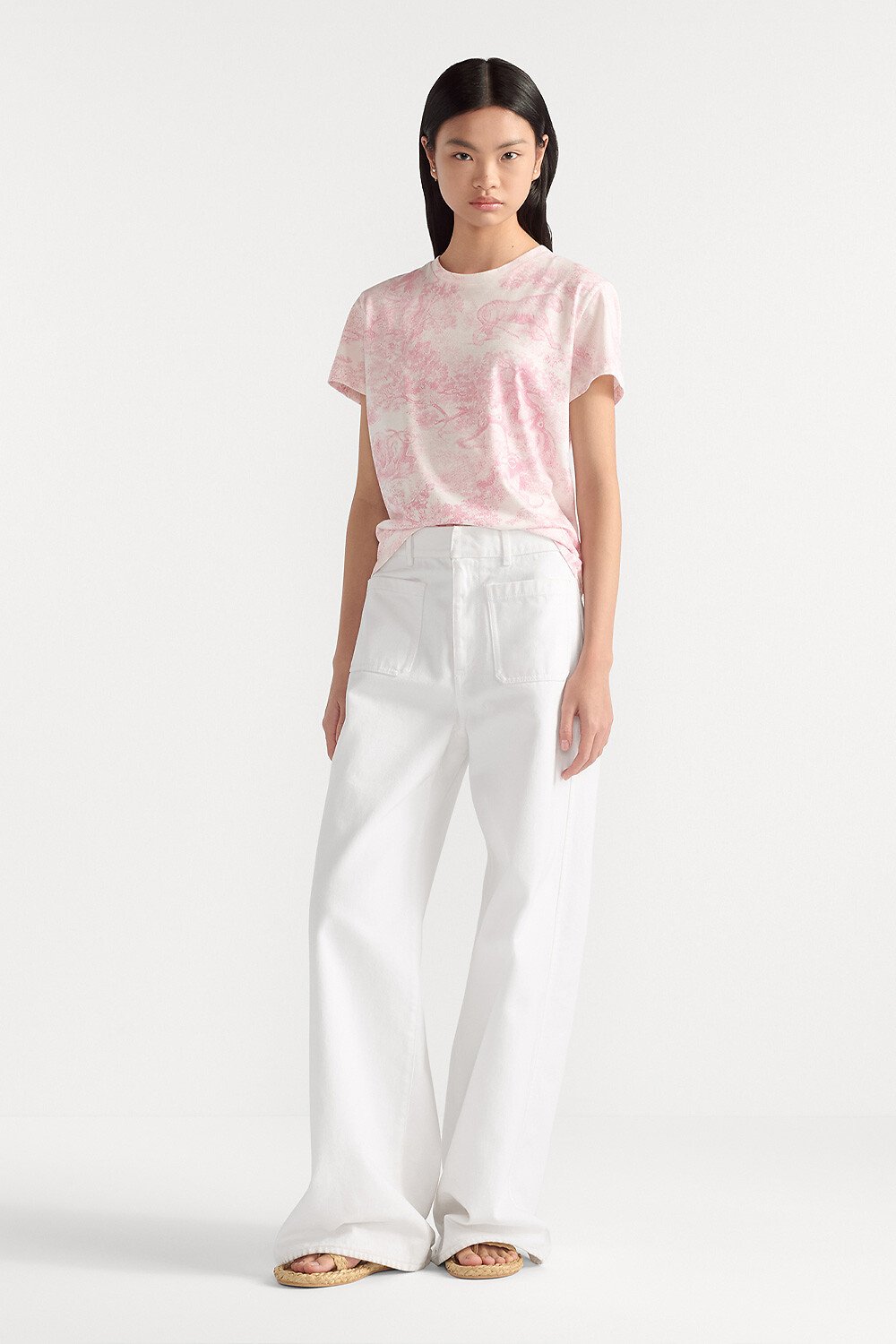 Dioriviera T-Shirt White Cotton and Linen Jersey with Cherry Blossom Pink Toile de Jouy Sauvage Motif 