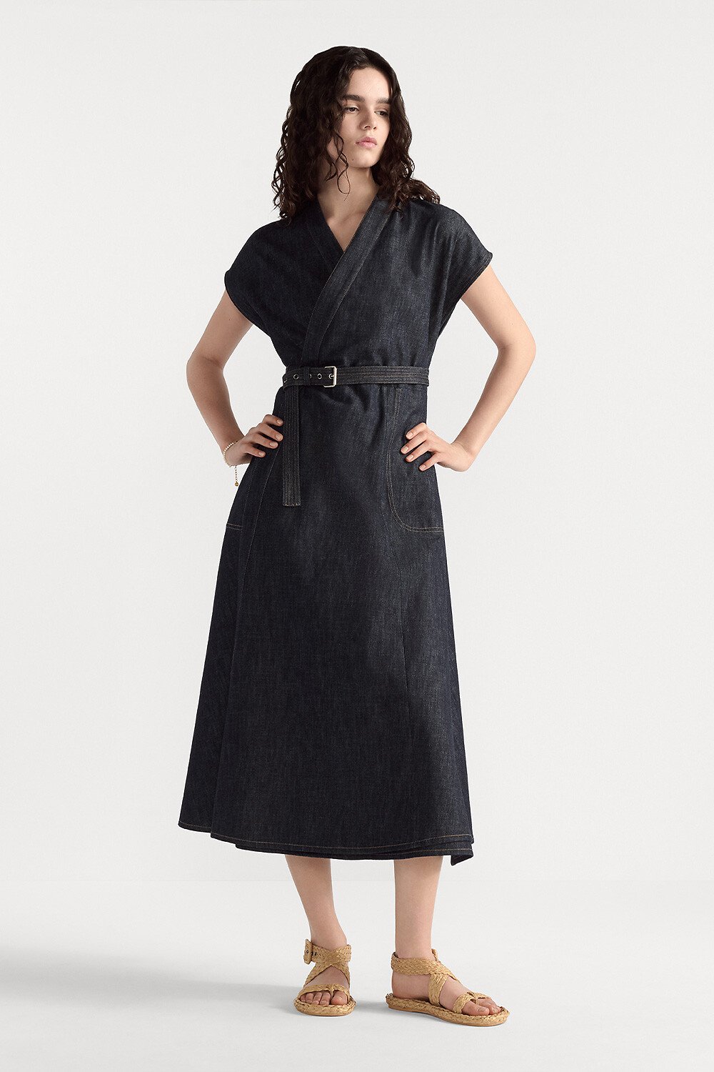 Mid-Length Belted Dress Blue Cotton Denim with Dior Oblique Interior 