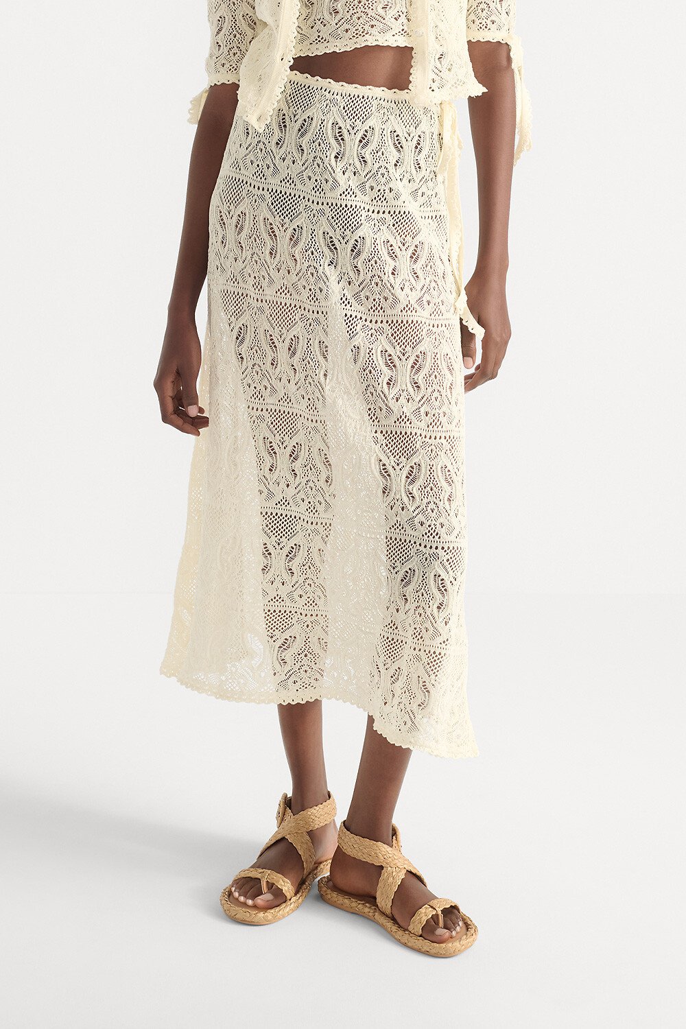 Dioriviera Mid-Length Flared Skirt White Cotton Crochet with Butterfly Motif 