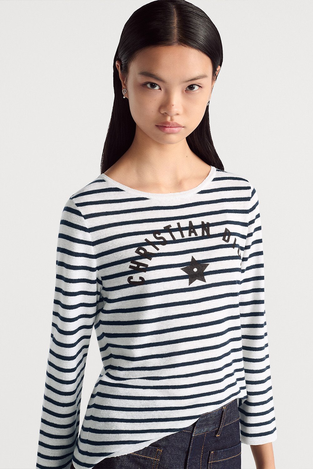 Dioriviera 针织衫 亚麻、山羊绒和桑蚕丝混纺面料米白色和海军蓝色 D-Stripes 图案 