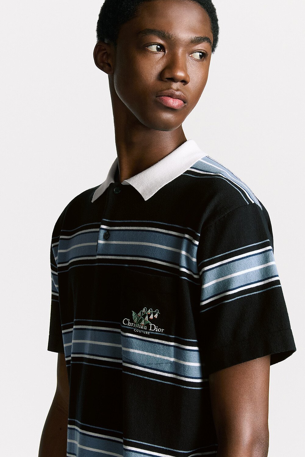 Polo 衫 蓝色棉质混纺平纹针织面料 Christian Dior Couture 铃兰刺绣 