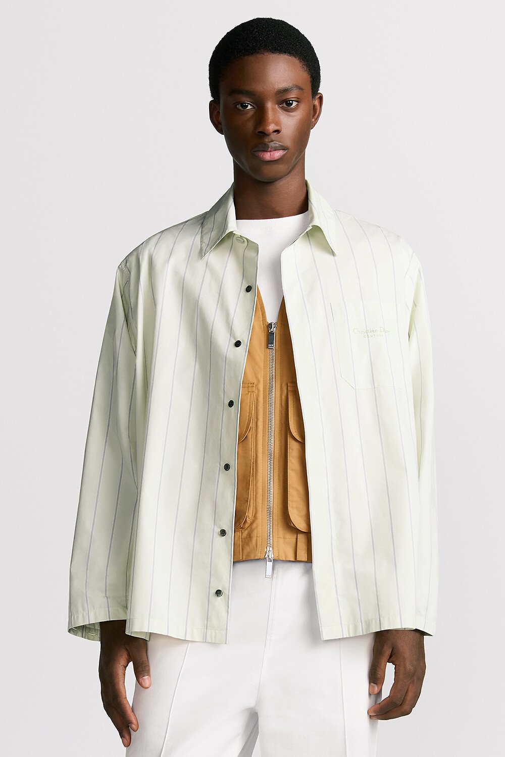 Shirt with Christian Dior Couture Embroidery Beige Striped Cotton-Blend Poplin