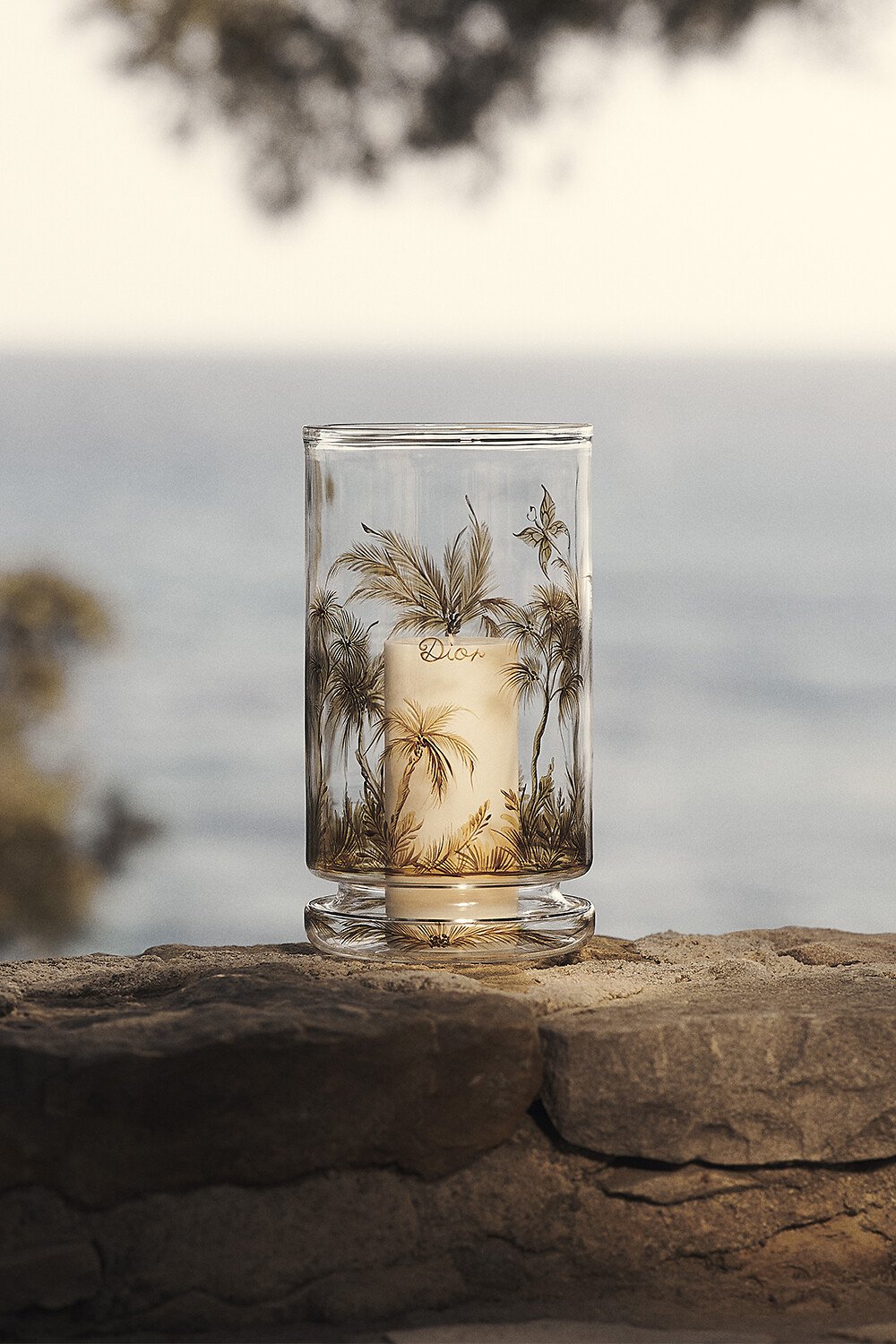 迷你蜡烛杯 透明玻璃手绘风格米色 Palms 茹伊印花图案 