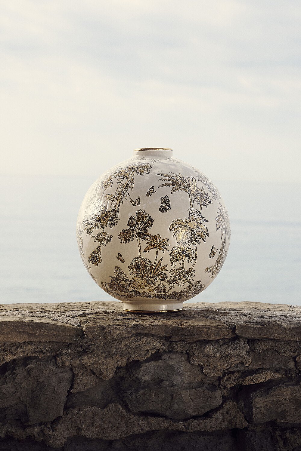 Large Round Vase Manufacture des Émaux de Longwy for Dior – Ceramic and Enamel with Toile de Jouy Palms Motif 