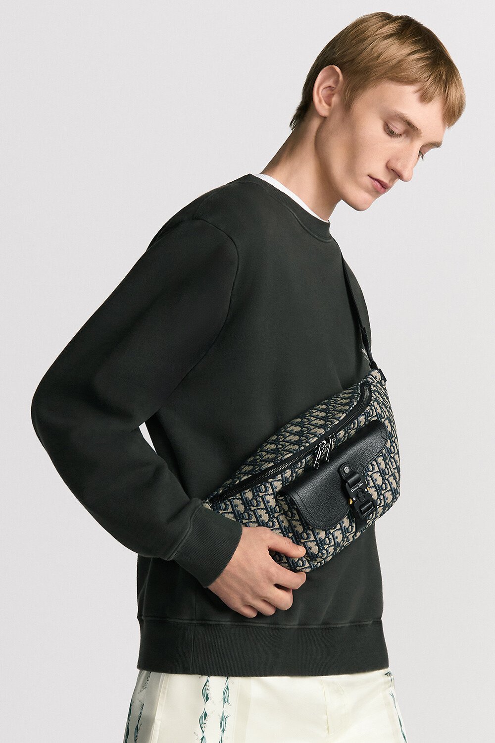 Saddle Belt Bag Beige and Black Dior Oblique Jacquard with Black Grained Calfskin 