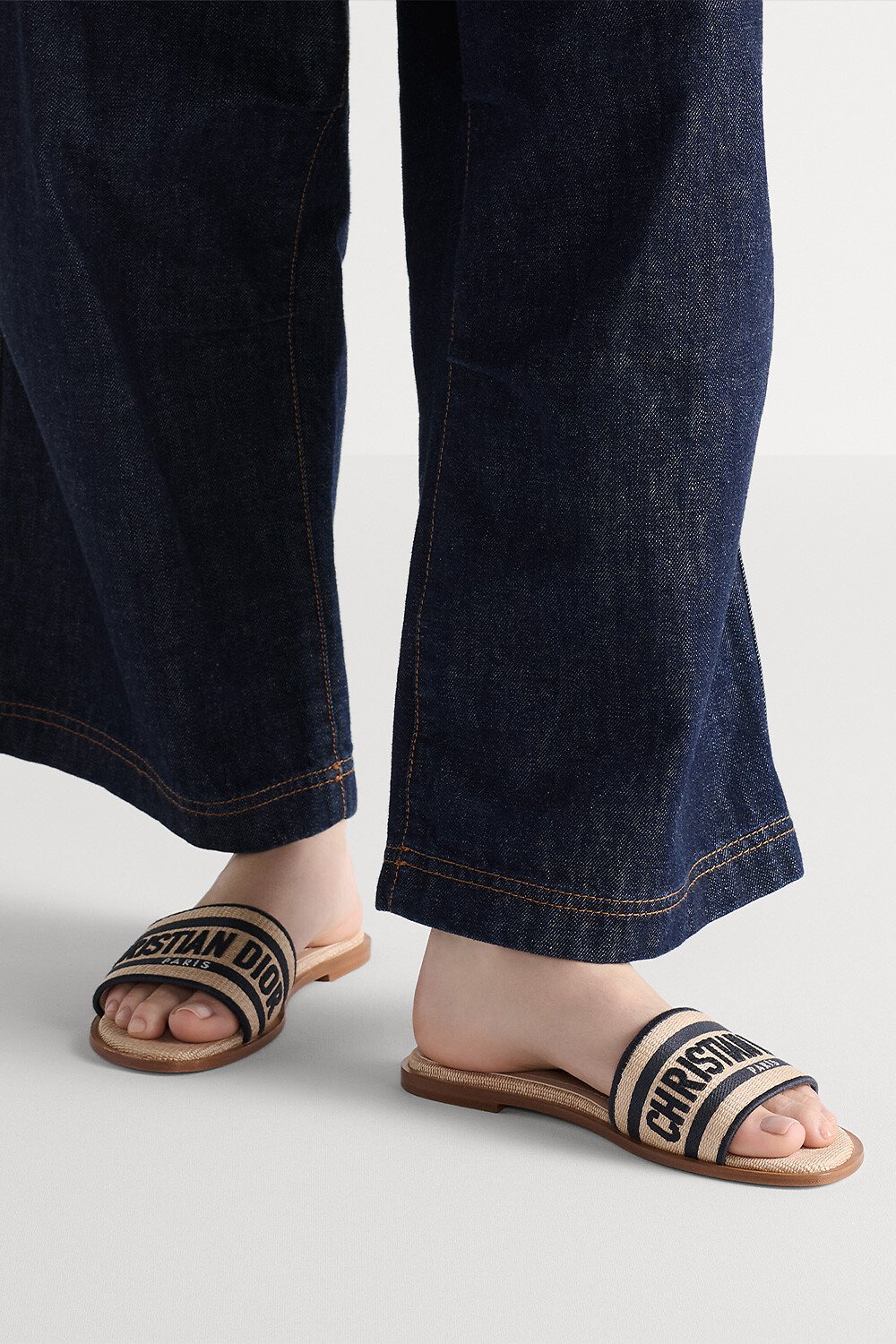 Dway Slide Natural Raffia and Deep Blue Embroidered Cotton 