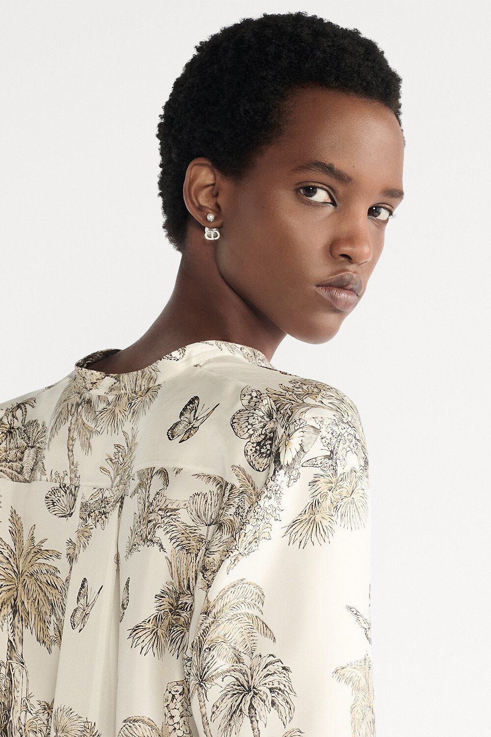 Dioriviera 롱 블라우스 화이트 & 헤이즐넛 Toile de Jouy Palms 모티브 실크 트윌 