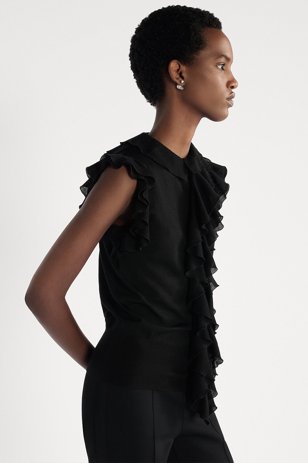 Sleeveless Top with Removable Ruched Collar Black Virgin Wool Knit 