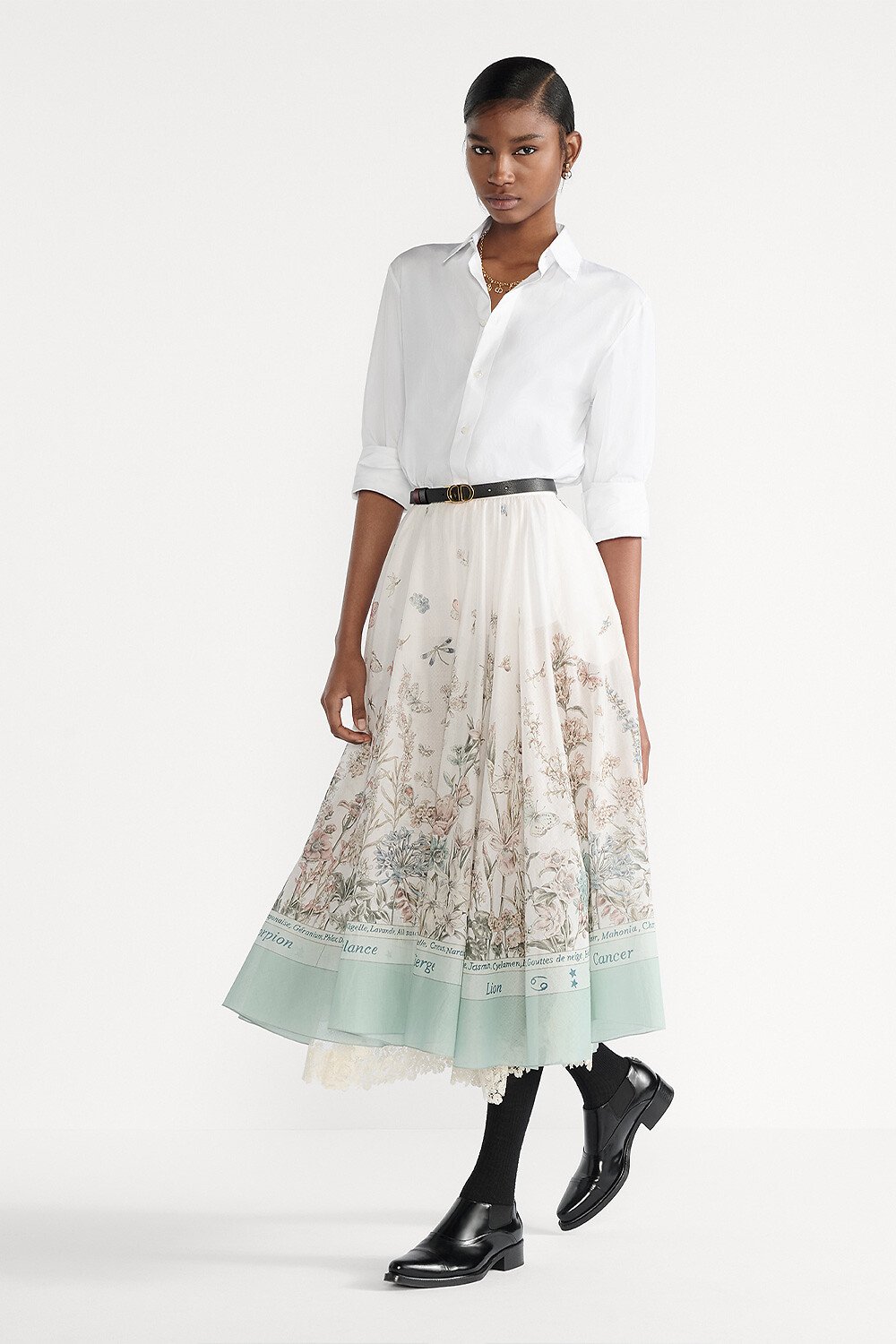 Mid-Length Flared Skirt Cotton Muslin with Multicolor Dior Flowers Calendar Allover Motif 