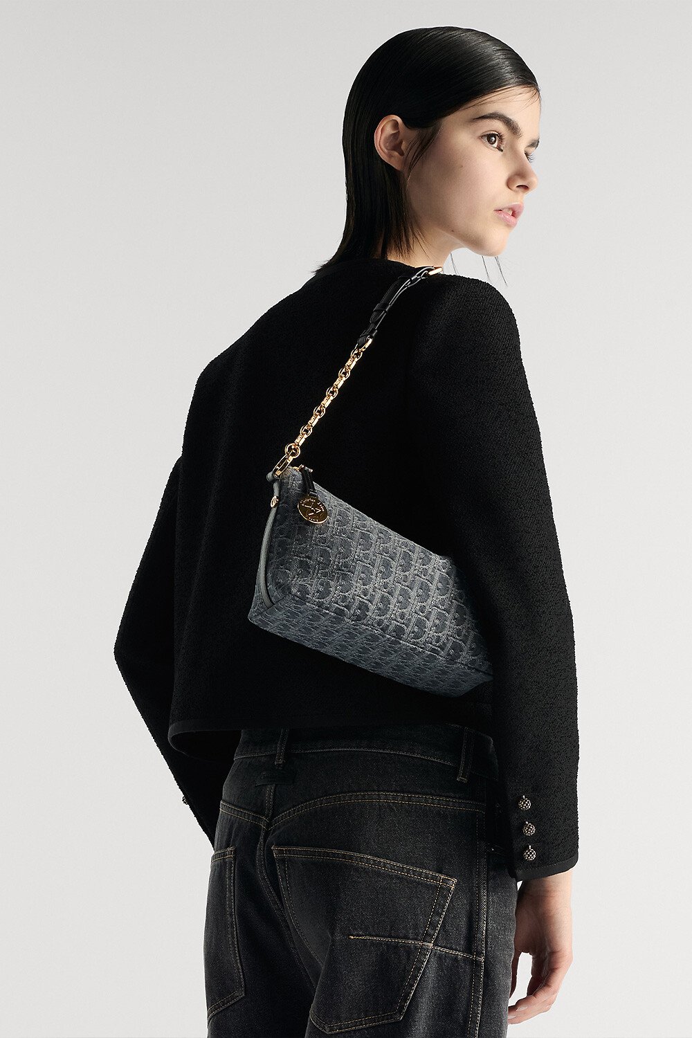 Diorstar 链条水饺包 灰色 Denim Dior Oblique 提花面料 