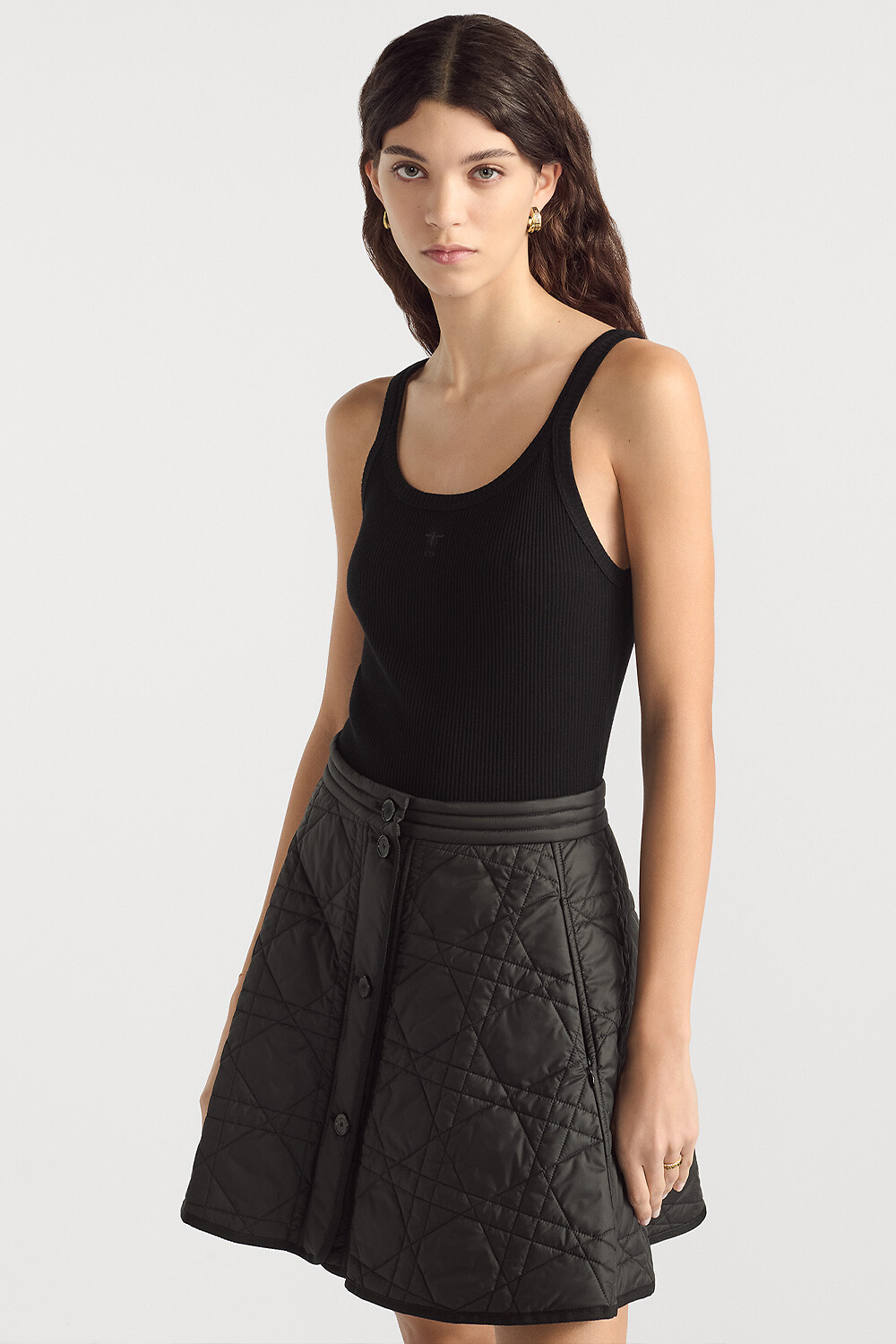 Macrocannage Miniskirt Black Quilted Technical Taffeta 