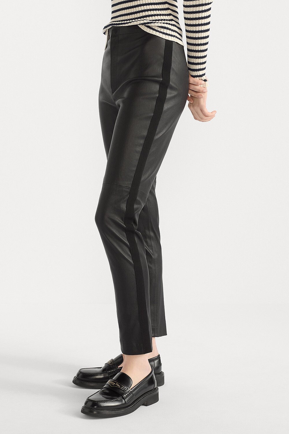 Pantalon ajusté Cuir d'agneau stretch et gros-grain noirs 