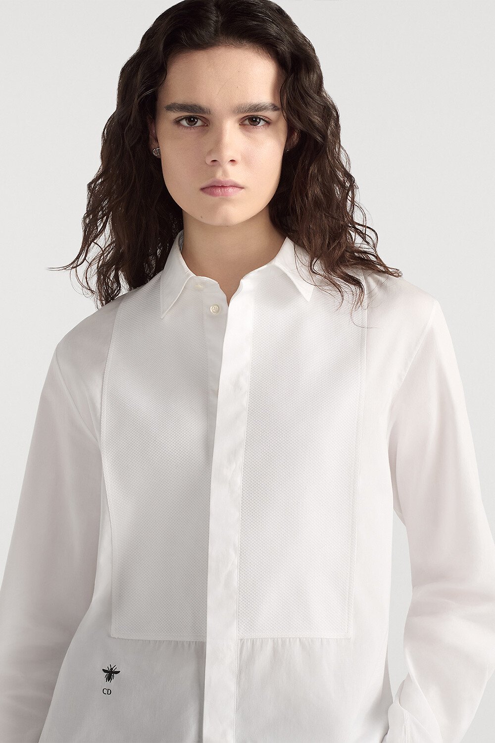 Blouse with Plastron White Cotton Poplin 