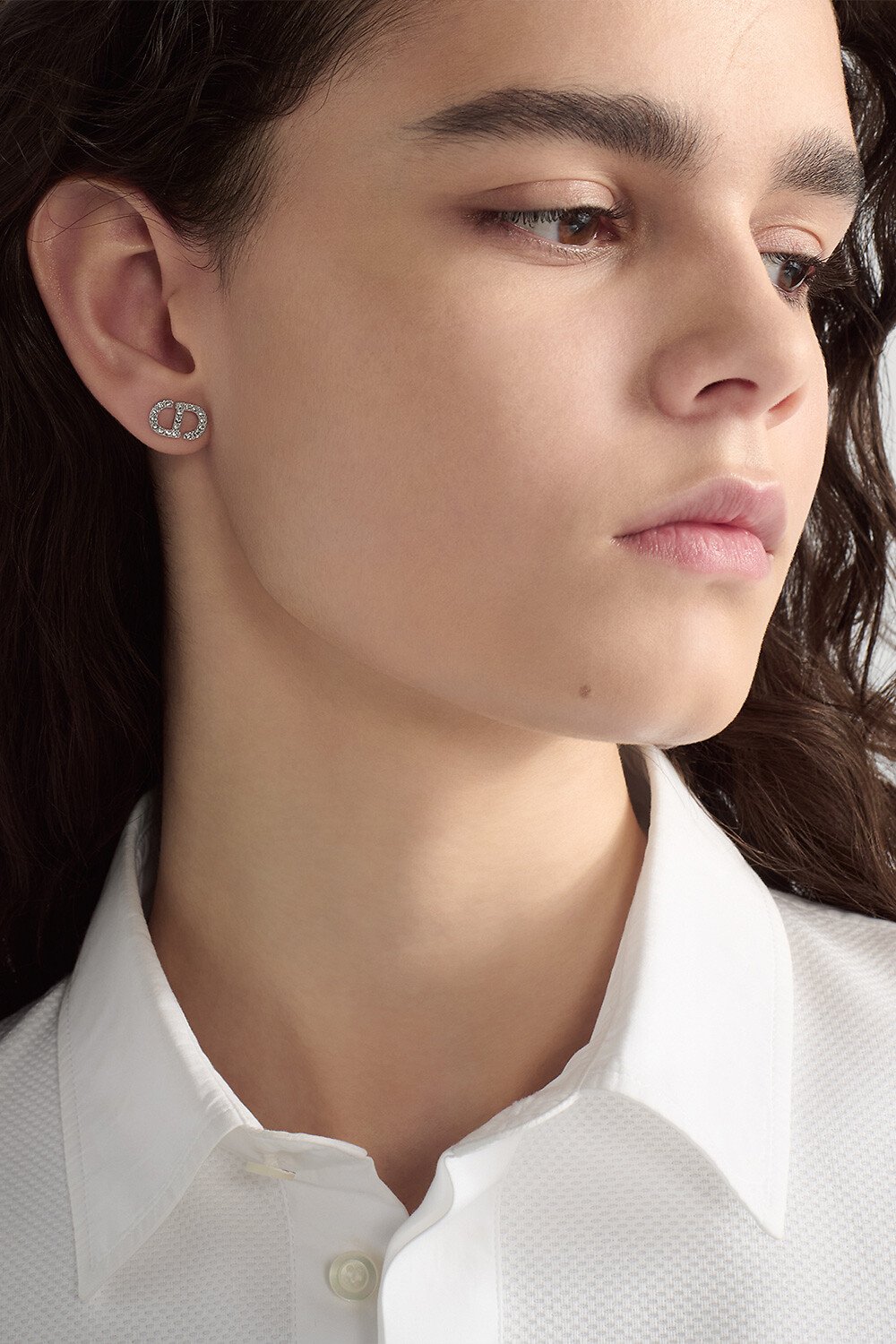 Petit CD Mini Stud Earrings Silver-Finish Metal with White Crystals 