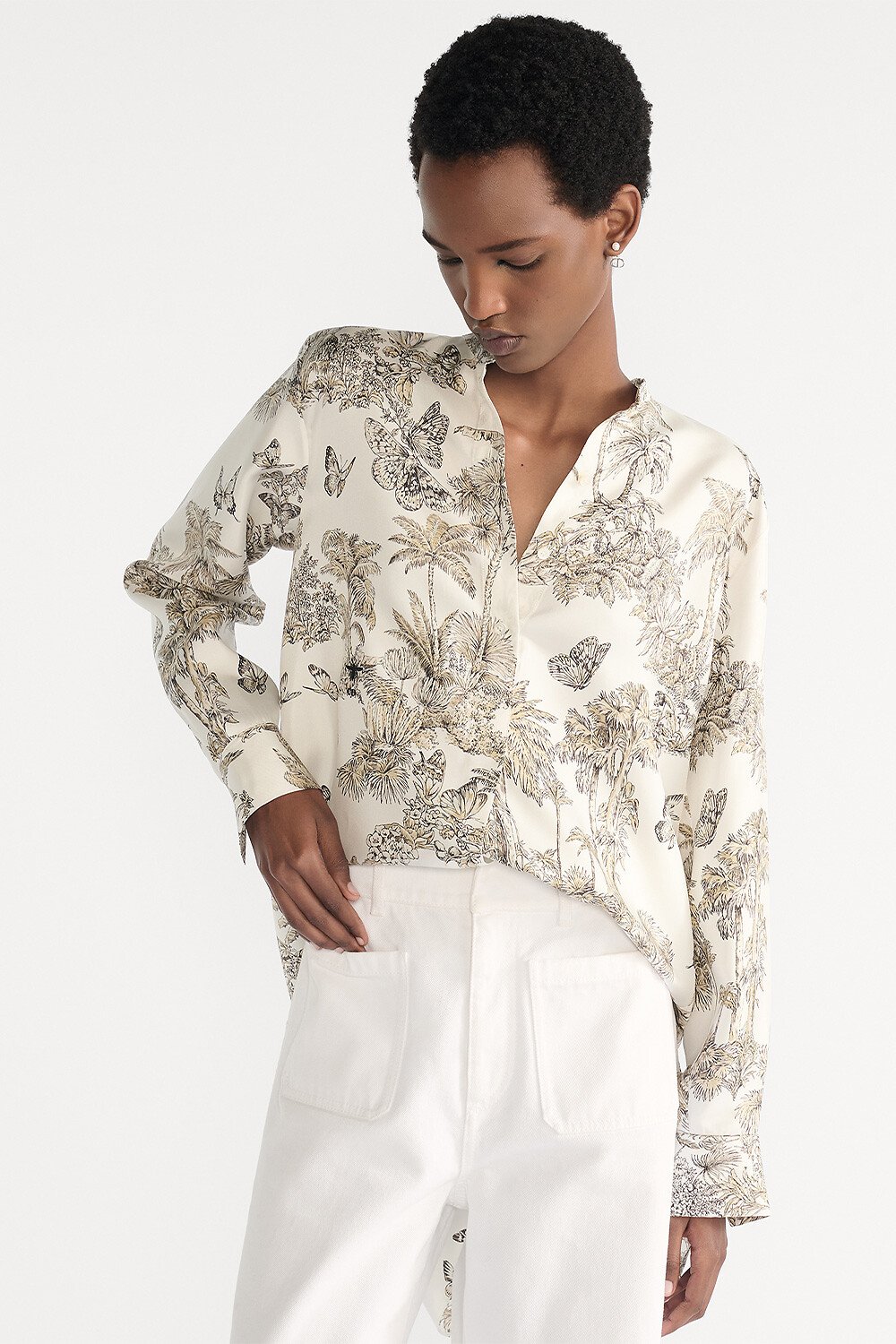 Dioriviera Long Blouse White and Hazelnut Silk Twill with Toile de Jouy Palms Motif 