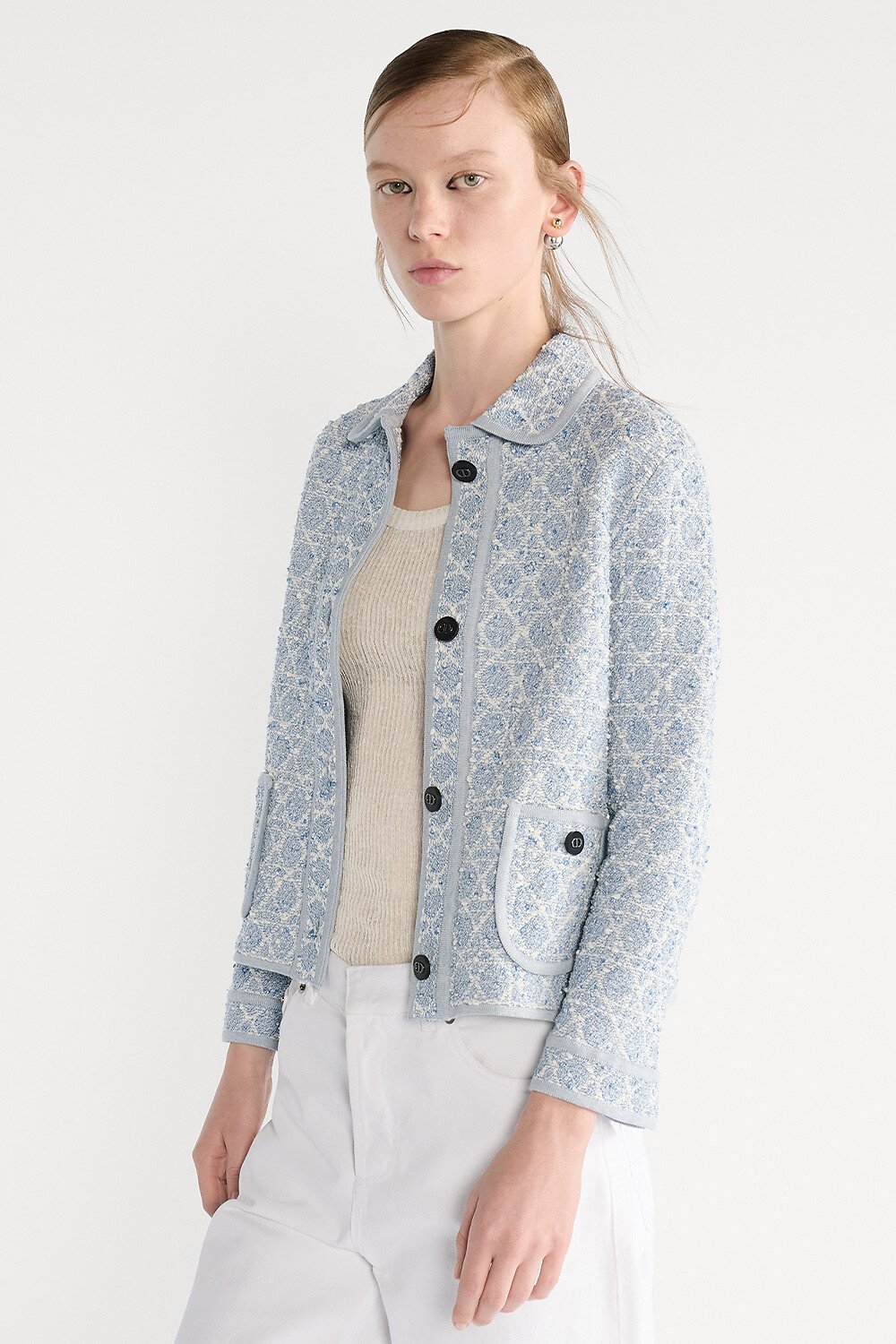 Macrocannage Jacket Chambray Blue Cotton-Blend Tweed Knit 